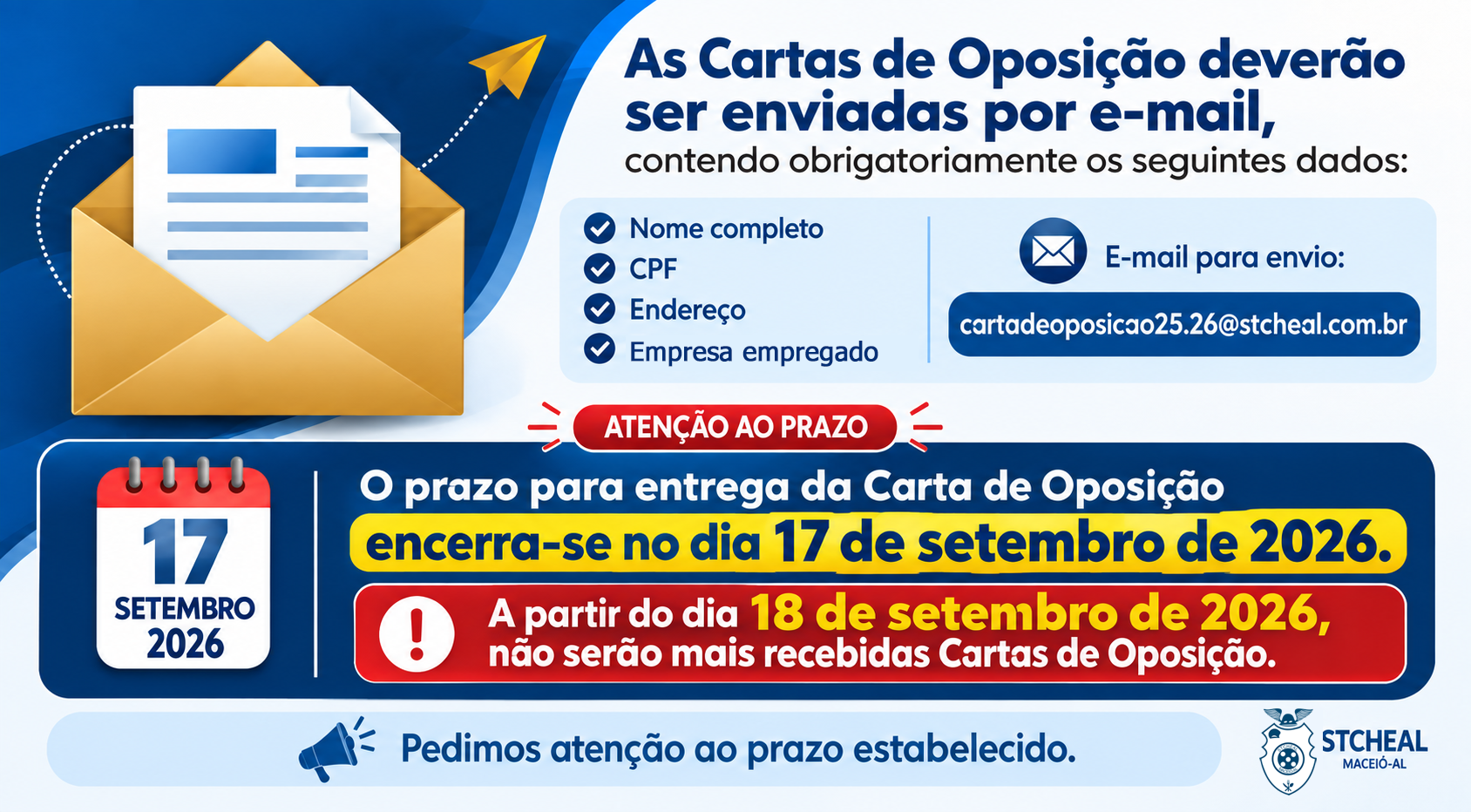 Aviso sobre o prazo para entrega da Carta de Oposição